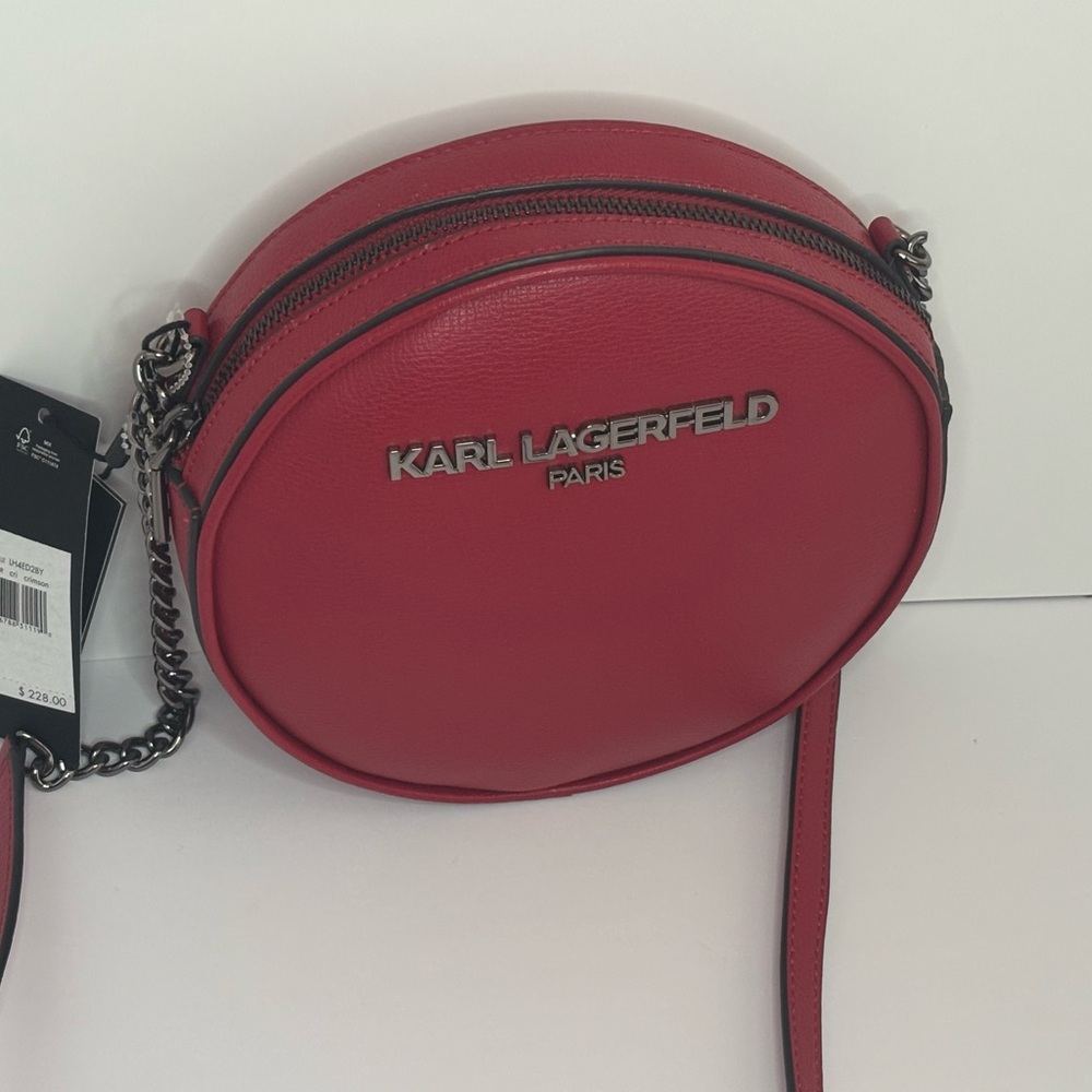 Karl Lagerfeld Crimson Round Leather Crossbody with Chain Strap